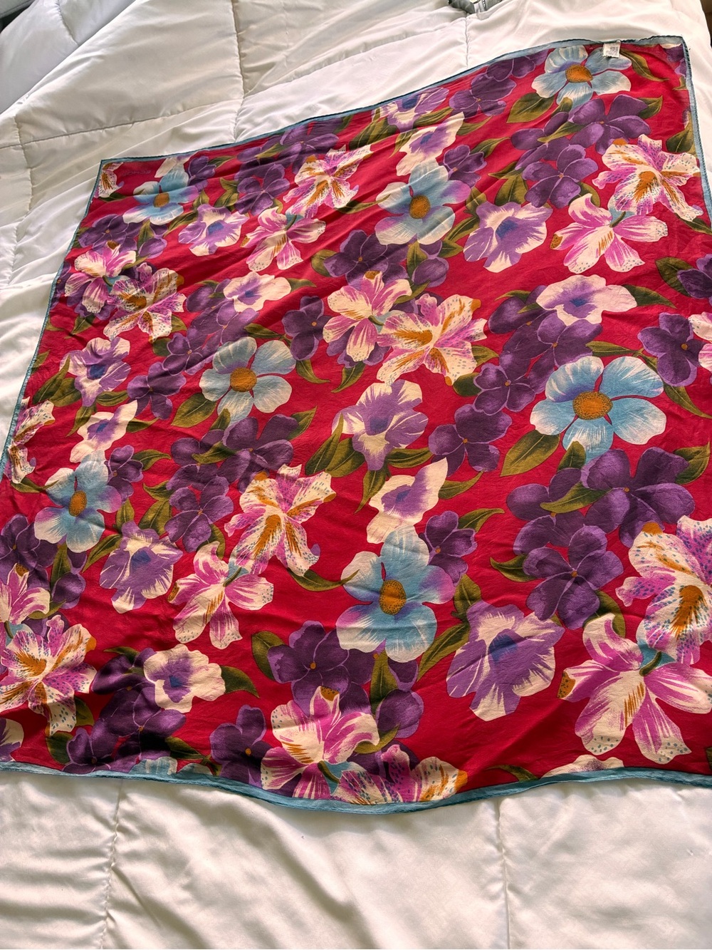 Vintage 100% silk  Red Floral Scarf with Purple and Blue Blooms
